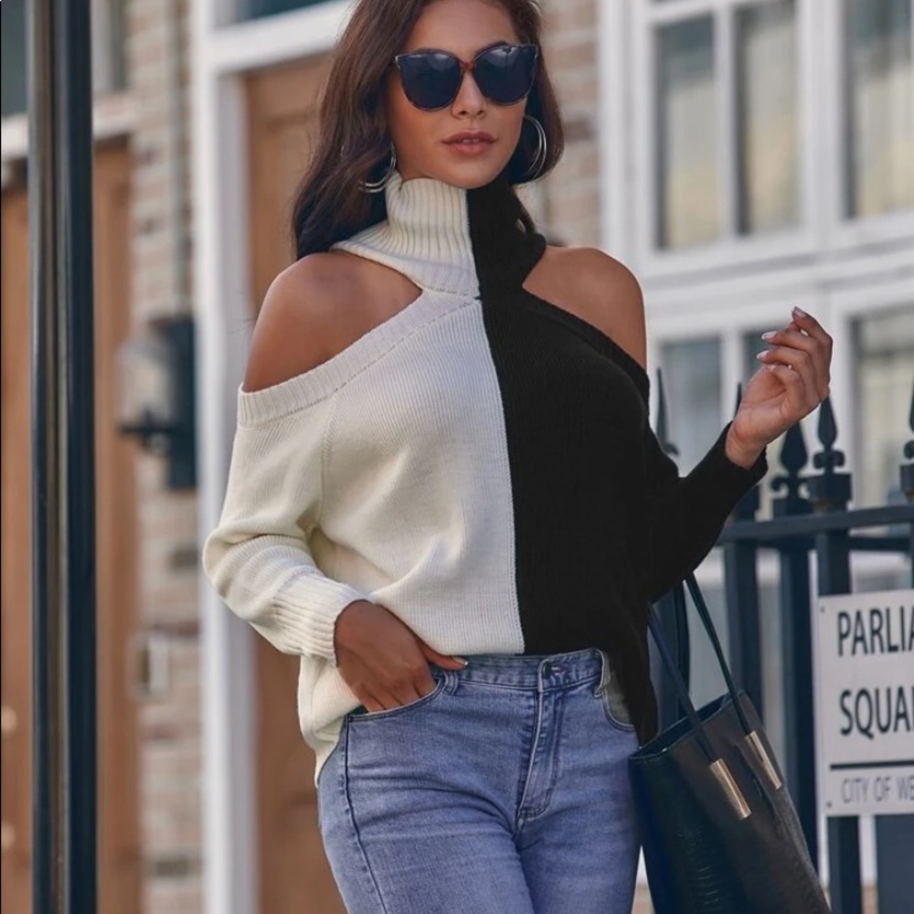 Super cute woman turtleneck open shoulder sweater